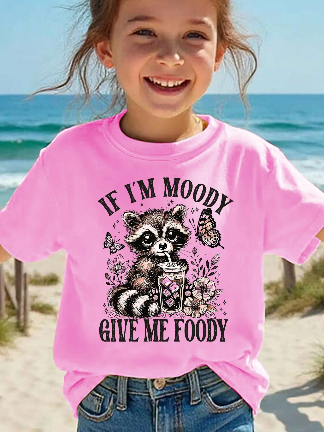 If I'm Moody Give Me Foody Kids T-Shirt Boho Floral Butterfly Raccoon Boba Drink Sketch Short Sleeve Cotton Pink Toddler Girls Funny Animal Casual Tee