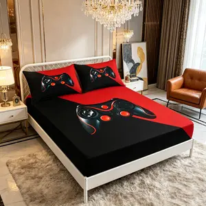 3-piece minimalist red and black color blocked game controller bedding set, high-definition digital printing, breathable polyester, including 1 bedsheet and 2 pillowcases (excluding pillow core)