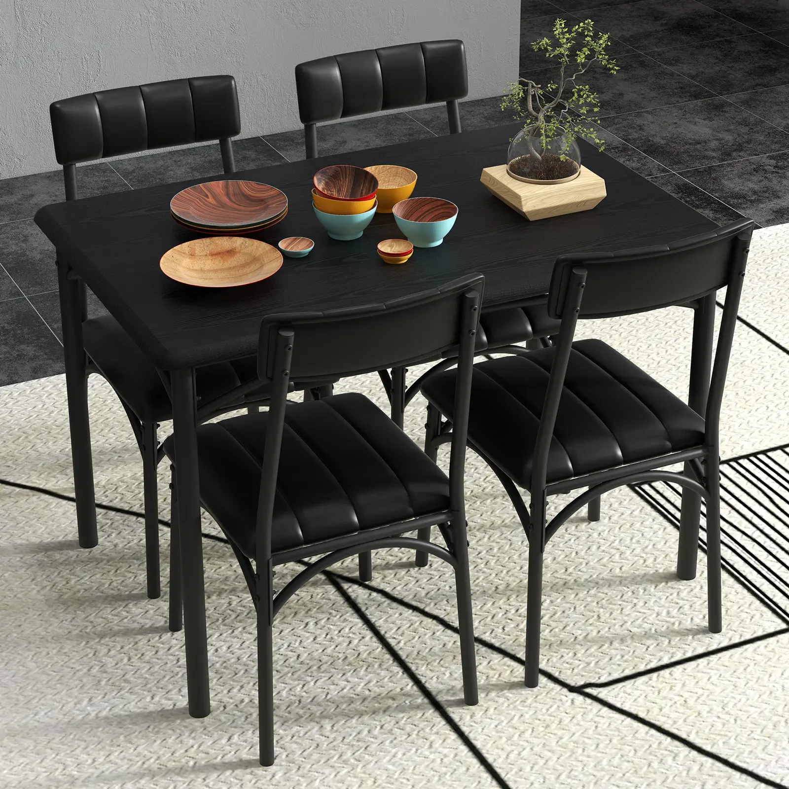 Space-Saving 5 Piece Dining Table Set for 4, Rectangular Metal and Wood Dining Table with 4 Upholstered Chairs, Rustic Kitchen Dining Furniture for Small Apartments, Coffee Bar, Grey / Brown,outdoorfurnitureset