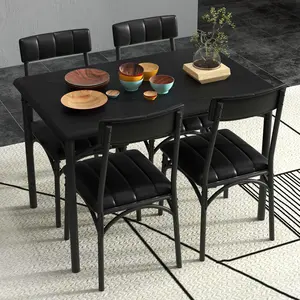 Space-Saving 5 Piece Dining Table Set for 4, Rectangular Metal and Wood Dining Table with 4 Upholstered Chairs, Rustic Kitchen Dining Furniture for Small Apartments, Coffee Bar, Grey / Brown