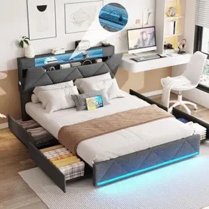 King Size Bedroom Headboard and Bed Frame with LED Lights