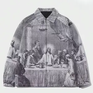 Men’s Vintage Oil Painting Full Print Zip-Up Jacket, Turn-Down Collar Art Street Style Casual Outerwear