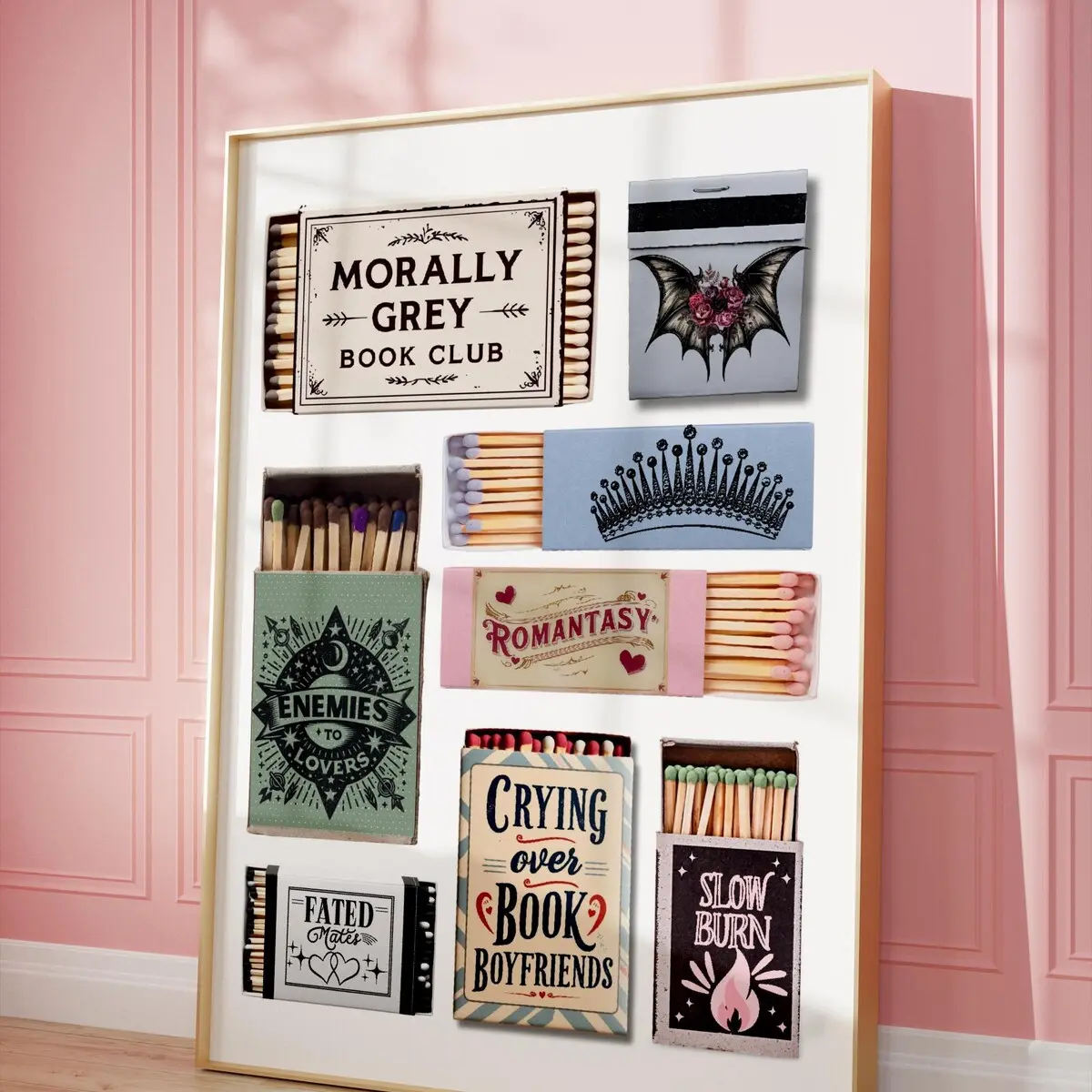 Romantasy Book Tropes Matchbox Print, Enemies to Lovers Poster, Slow Burn Fantasy Romance Wall Art, Book Nook & Booktok Decor Gift, Room Decor, Unframed, 5 Sizes (8x12–27x40 inch)