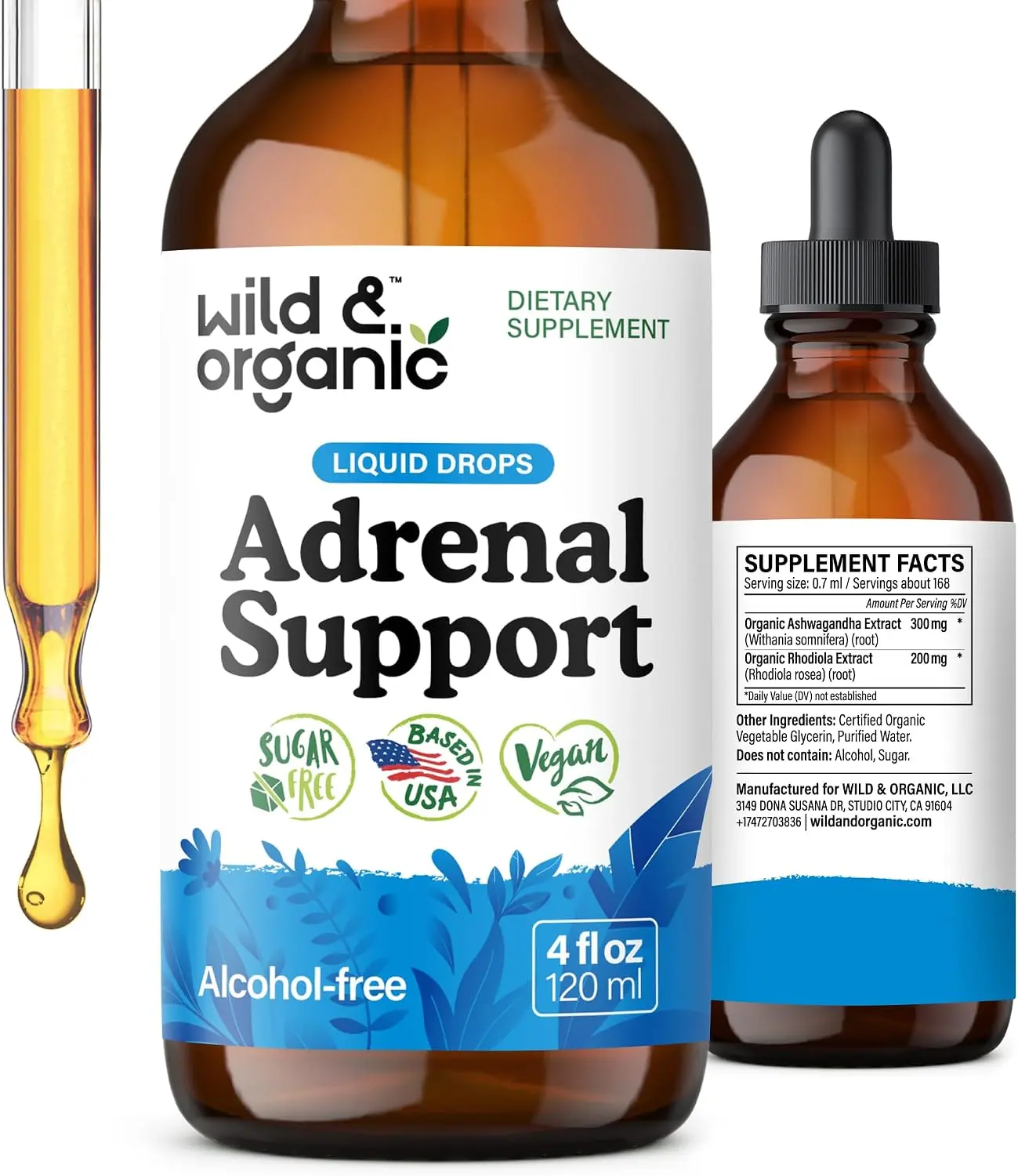 Wild & Organic's Adrenal Support Tincture for Positive Outlook - Adrenal Complex with Ashwagandha, Rhodiola Rosea Root - 1-Month Supply - Vegan, No Sugar & Alcohol