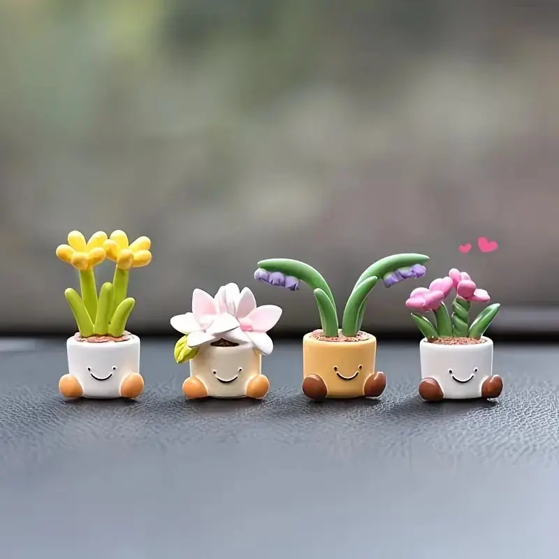 4Pcs Cute Smiley Face Potted Plant Resin Figurines, Kawaii Mini Flower Pot Car Interior Decorative Dashboard Decorations, Adorable Cartoon Succulent Ornaments, Vehicle Interior Desk Home Decor Accessories for Women, Car Decoration Set
