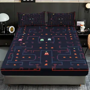 2/3 Pcs Classic Pac-Man Game Theme Down Fitted Sheet Set(1*fitted Sheet+1/2*pillowcase,no Filling) Digital Print,soft High-end Bedding Set,all Season Use Machine Washable,best Holiday Gift