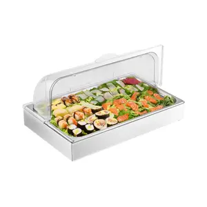 Countertop Food Serving Display Container, 1 x 1 Pan Stainless Steel Food Serving Tray, Buffet Condiment Dispenser Display Rack with Clear Lid & 3 Ice Trays, for Restaurant Hotel Kitchen Party
