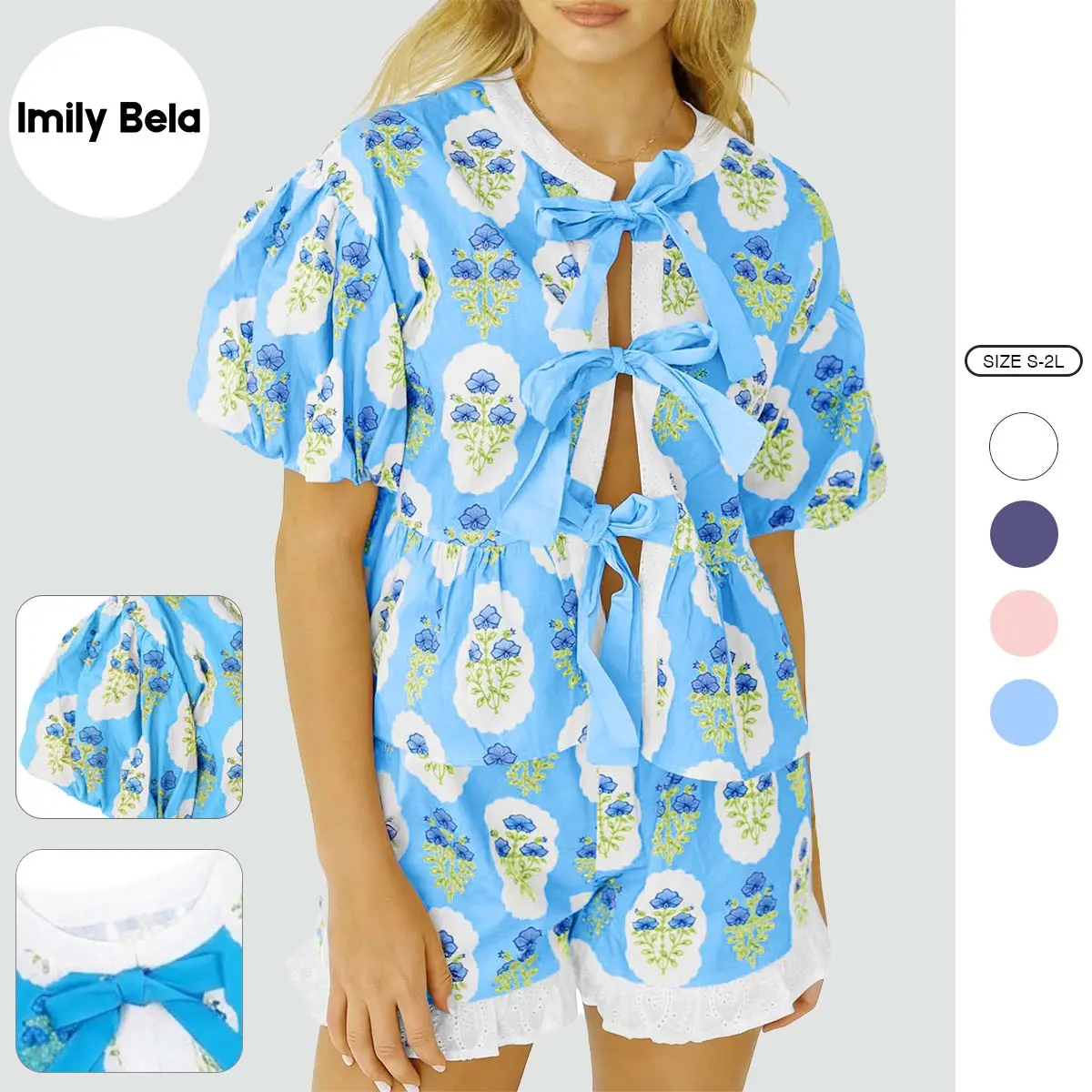 Women's 2-Piece Floral Shortsleeve Set - Soft Elastic Loose Babydoll Blouse, Ruffle Shorts for Summer Vacation Outfits