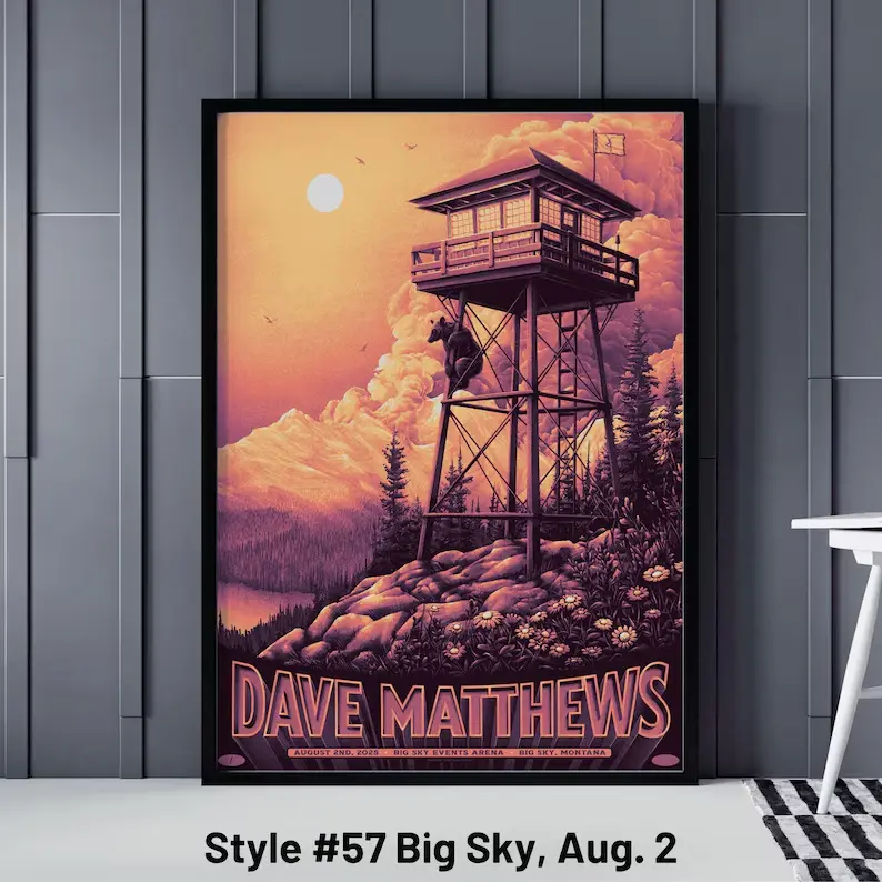 Dave Matthews Band Concert Gig Posters - Home Supplies, Unframed Bordered Paper Prints with Rustic Charm, Multi-Size (8x10,11x17,12x18,24x24,30x30), Home Room Wall Decor, Includes Montana Sky Events Arena Aug 1 & New Hampshire Pavilion July 22 Designs, 18