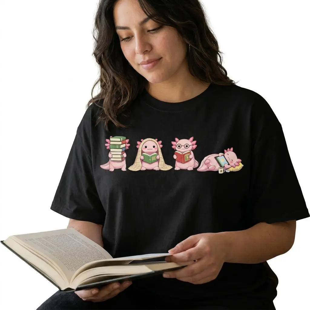 Cute Axolotl Book Lover Shirt Women Plus Size Soft Graphic Tee Reading Top