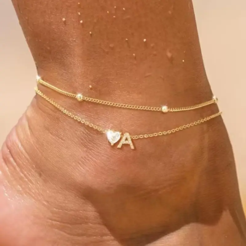 Women's Initials Anklet Rhinestone Letters Heart Design Love Double-layer Anklets for Women & Girls Holiday Party Engagement, Perfect for Daily Wear Jewlry Accessories Anniversary Mother's Day Gift Layered Anklet Jewelry