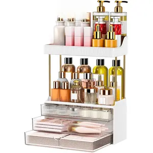 Bathroom Organizers and Storage - 3 Drawers 2 Tier Makeup Organizer, Cosmetic Storage Drawer for Dresser Countertop and Bathroom Vanity for Large Skincare, Perfume, Amber