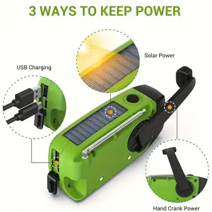 With Battery, 2000MAh Lithium Battery, AM/FM/NOAA Weather Frequency, Hand Crank and Solar Charging, USB Rechargeable, 3 One LED Flashlight, Non-Waterproof, Indoor Outdoor Camping