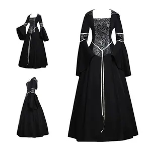 Medieval Hooded Court Vampire Punk Dress with Bell Sleeves and Full Hemline - Exquisite Historical Costume for Women