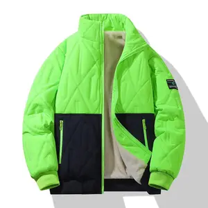 Men's Winter New Korean Style Stand Collar Jacket, Casual Fashion Trendy Coat, Padded Cotton-Padded Lined Couple's Cotton Jacket, Color Block Paneled Design, Regular Fit, Zipper Closure Fabric Fleece Menswear Fluorescent Green