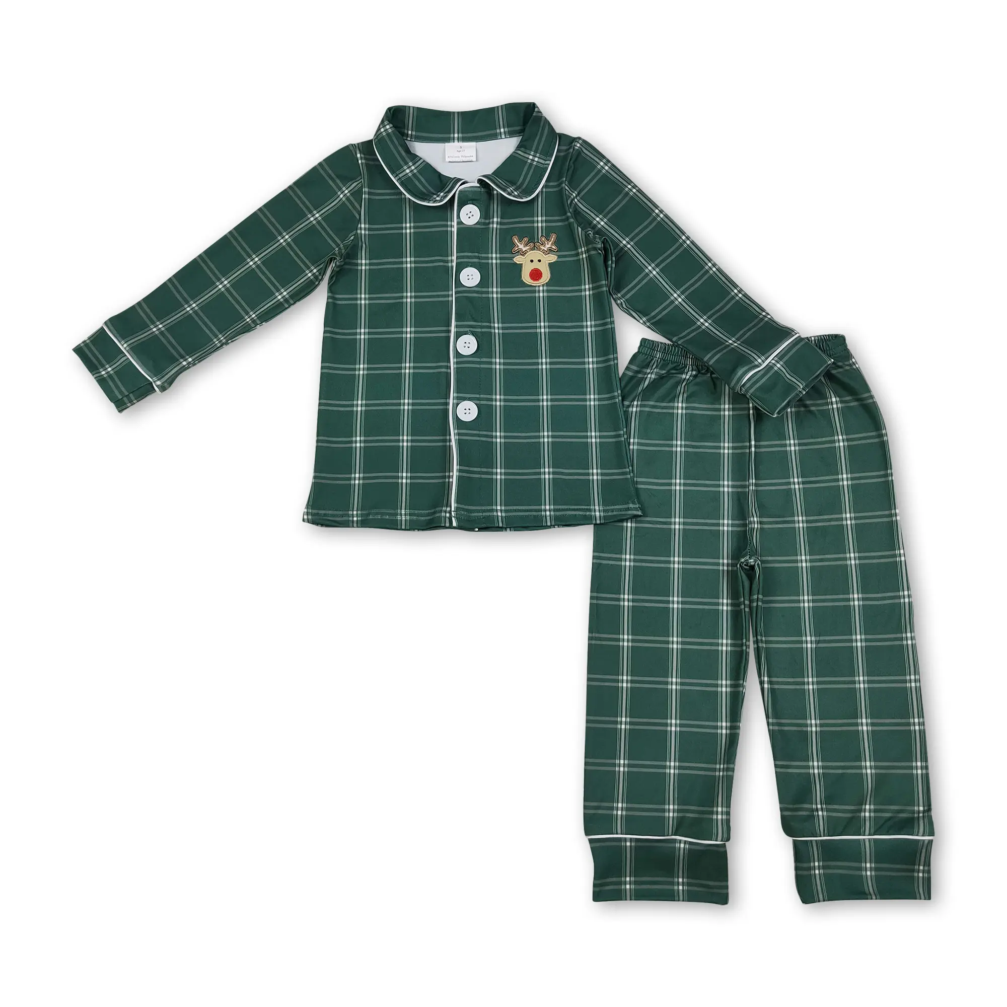 Boys' 2-Piece Christmas Pajama Set, Cotton Long Sleeve Top with Embroidered Deer and Striped Pants, Pajamas Sleepwear
