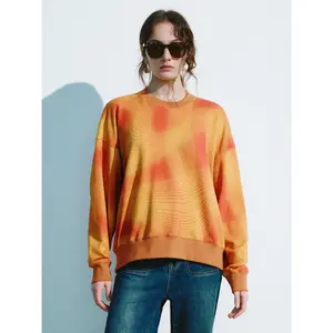 URBAN REVIVO 2026 Spring New Women's Cotton Stretchy Thick Fabric Comfortable Pullover Hoodie Sweatshirt - Long-Sleeve, Gradient Abstract Print, Oversized Round Neck, Casual Tops & Clothes, UWH440116 (1-Piece)