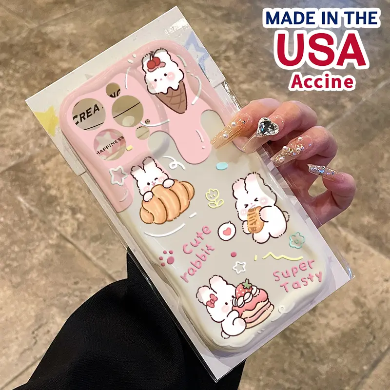 Soft Silicone Cream Smartphone Case for iPhone 16 Pro Max,15 Plus,14,13,12,11,XS,XR - Dessert Bunny Pattern, Curly Wave Frame, Anti-Scratch, Shockproof Handheld Device Protection Accessory, Devices, Accessories