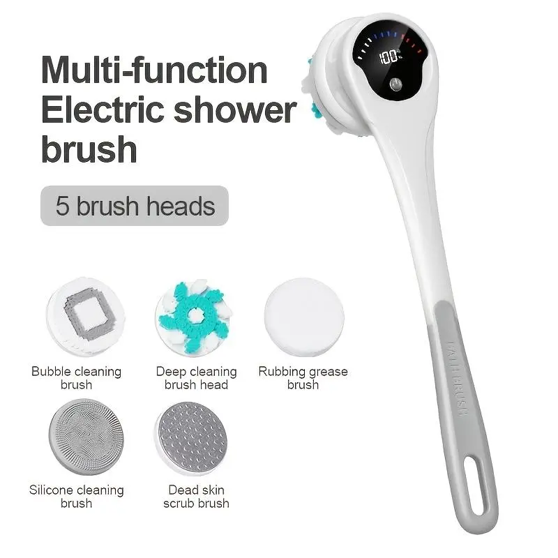 Eco-Friendly USB-Charged Electric Rotating Body Brush - 5 High-Tenacity Rubber Brush Heads, Gentle Bristles, Foldable Skin-Safe Bathroom Gadget for Enhanced Bathing Convenience