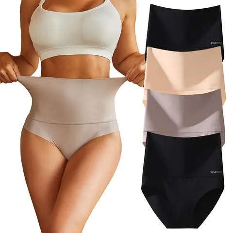 FINETOO 4pack Underwear for Women High Waisted Nylon Brief Basic Lingerie Bikini Seamless Panties S-3XL Minimalist Womenswear Elastic