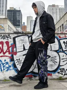 Men's Loose Straight Leg Streetwear Pants, Dark Print Hip-Hop Sportswear, Comfortable Casual Long Trousers for Men