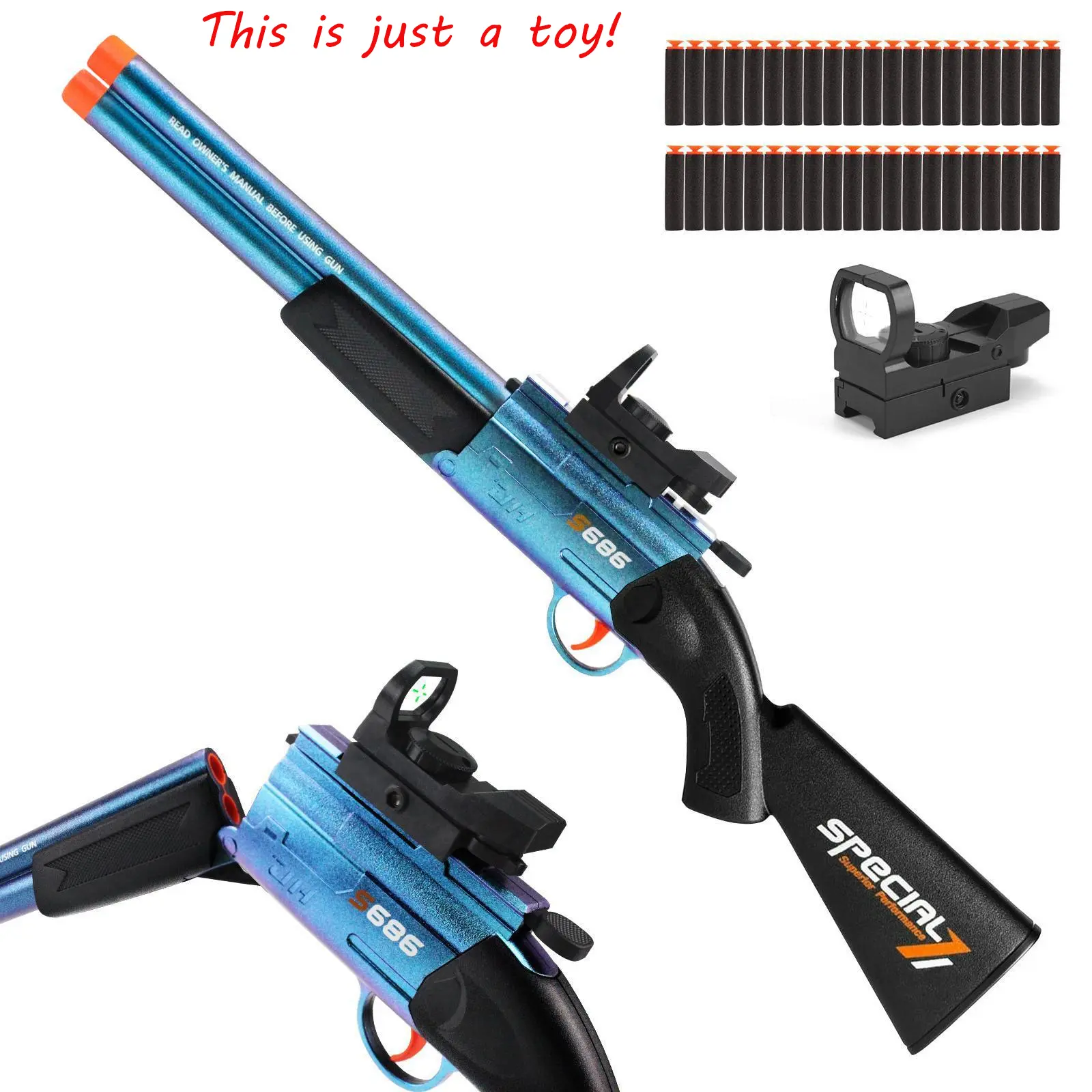 JH2067 Unisex Lightweight Durable Double Barrel Foam Dart Blaster Toy - Switchable Single & Dual Firing Modes (Switch Modes), Long Stock Manual Sports Outdoor Game Toy for 12+ Years, Birthday Christmas Gift
