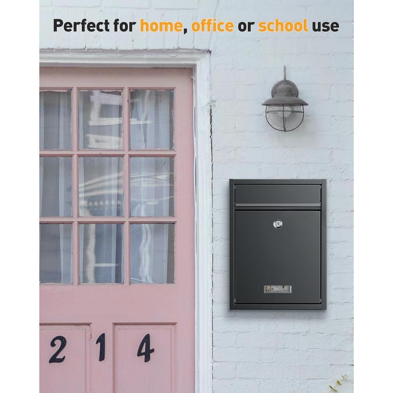 Wall Mount Mailbox for Outside, Locking Mail Box, Large Mailbox with Key Lock,  Mail Box for House, Safe Key Drop Box,  Box, Steel  Drop Box for Home Office School, Black