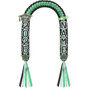 Graduation Lei Class of 2026, Graduation Ribbon Money Lei Personalized DIY Name Braided Necklace for Women Men Congrat Grad Party Gift Accessories(Black Green,1 Set)