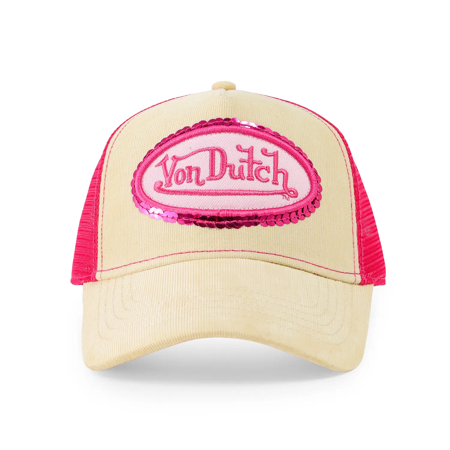 Pink Sequin on Beige Trucker Hat
