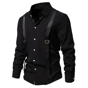 [Polyester Long Sleeve Shirt] Machine Washable Polyester Men's Black Long Sleeve Shirt - Adjustable Suspenders, Casual Party Wear for Nightclubs & Events