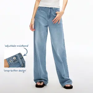 Nextrys AdaptHer Women's High-Rise Wide Straight Leg Baggy Jeans with Snap-Button Waistband Y2K Lightweight Tummy Control Casual Everyday Style Denim Basic Minimalist Maxi