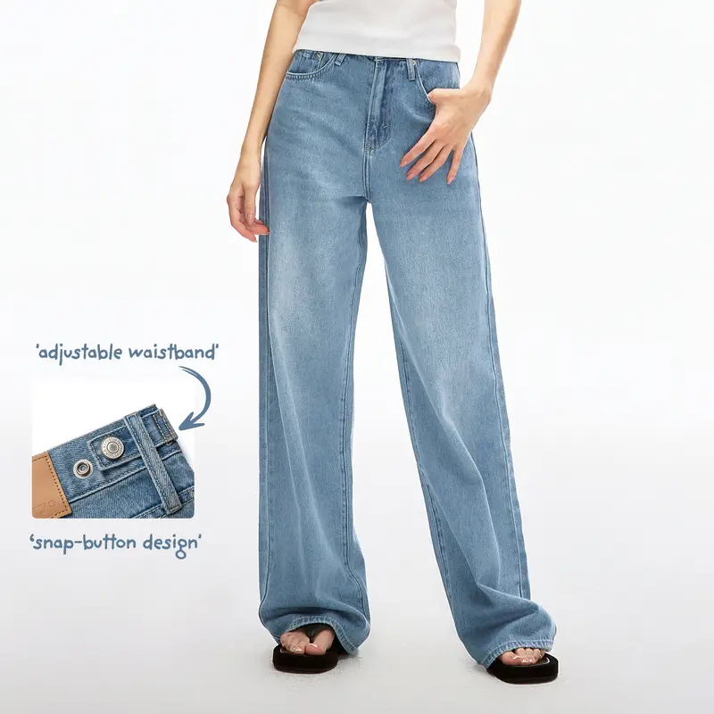 Nextrys AdaptHer Women's High-Waisted Loose Basic 2000s Throwback Jeans - Snap-Button Waistband, Tummy Control, Lightweight, Streetwear Casual, Minimalist Maxi Denim Bottoms
