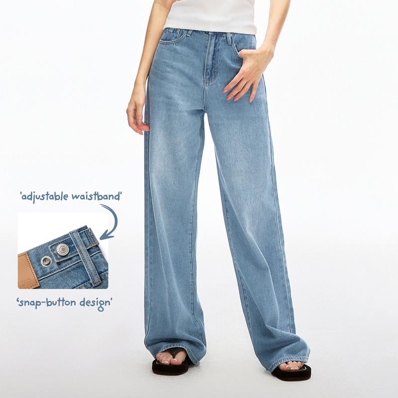 Nextrys AdaptHer Women's High-Rise Wide Straight Leg Baggy Jeans with Snap-Button Waistband Y2K Lightweight Tummy Control Casual Everyday Style Denim Basic Minimalist Maxi