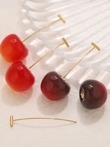 Fashionable 304 Stainless Steel Resin Cherry Drop Earrings for Women, Perfect for Summer Travel, Weddings, and Unique Gifts, Fruit Veggie Earrings