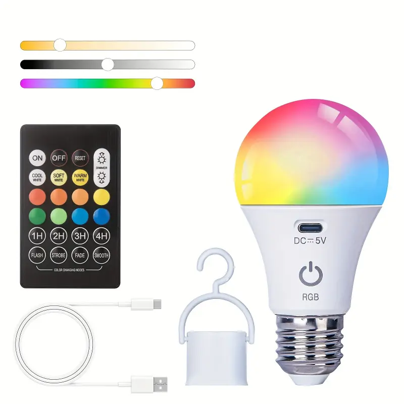 RGB Emergency Rechargeable Light Bulb with Remote Control, 1200mah Battery Operated LED Bulbs for Home, Camping, Tent, Rgb Lighting, Led Rgb Lights