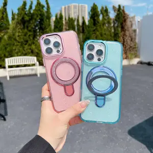HISTORYOO Bling Glitter For MagSafe Magnetic Stand Case For iPhone 17 Pro Max 16 15 14 Plus 13 12 11 pro Sparkling Shockproof Luxury Metal Ring Kickstand Transparent Clear Sparkly Hybrid Cover
