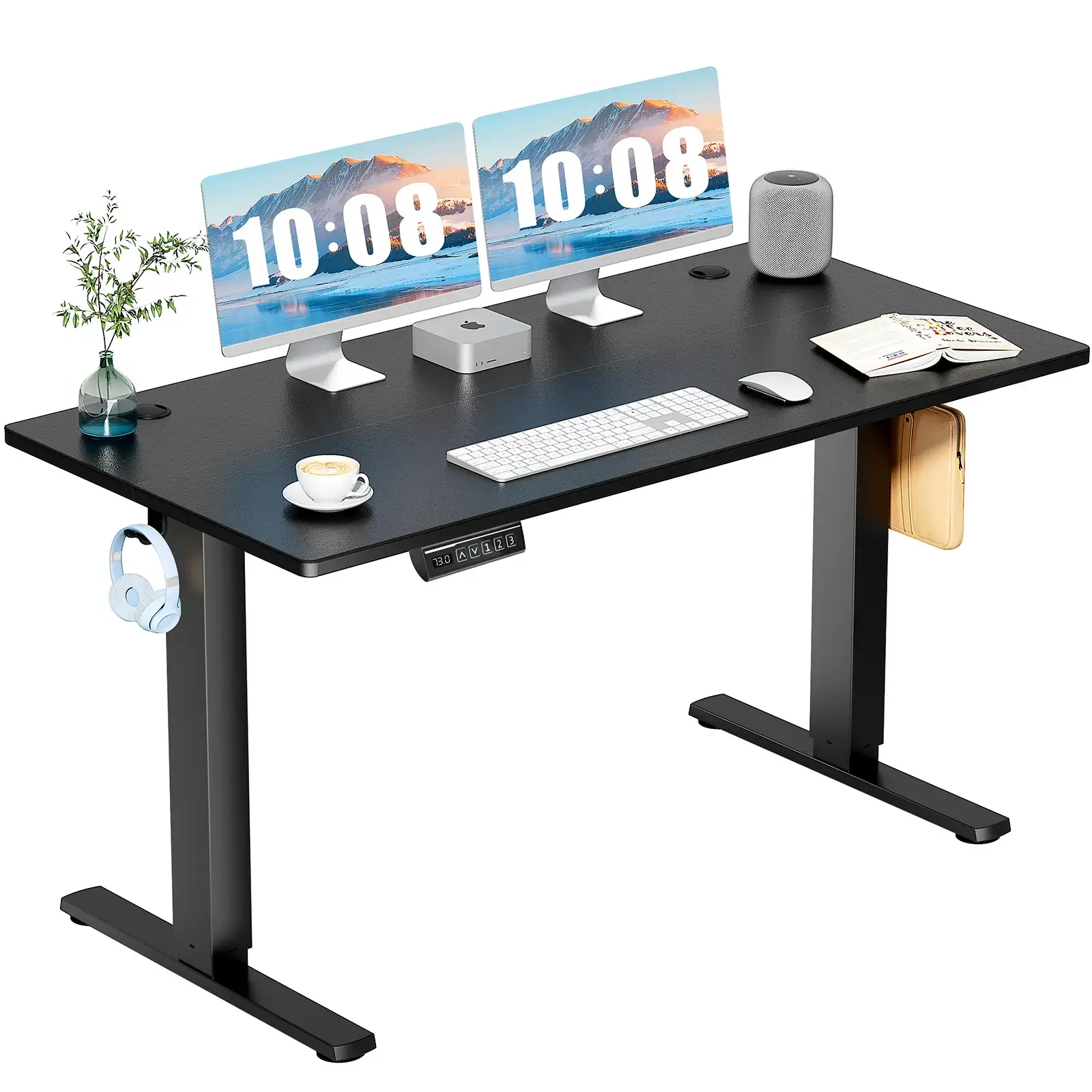 DUMOS Height Adjustable Electric Standing Desk with Storage Shelf Double Drawer, Stand up Desk, Sit Stand Desk with Splice Board, Standing Table for Home Office