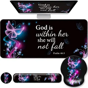 4-in-1 Desk Mat Set Large Mousepad Keyboard and Mouse Pad with Wrist Rest Support Computer Mats for Desktop Home Office Purple Butterflies