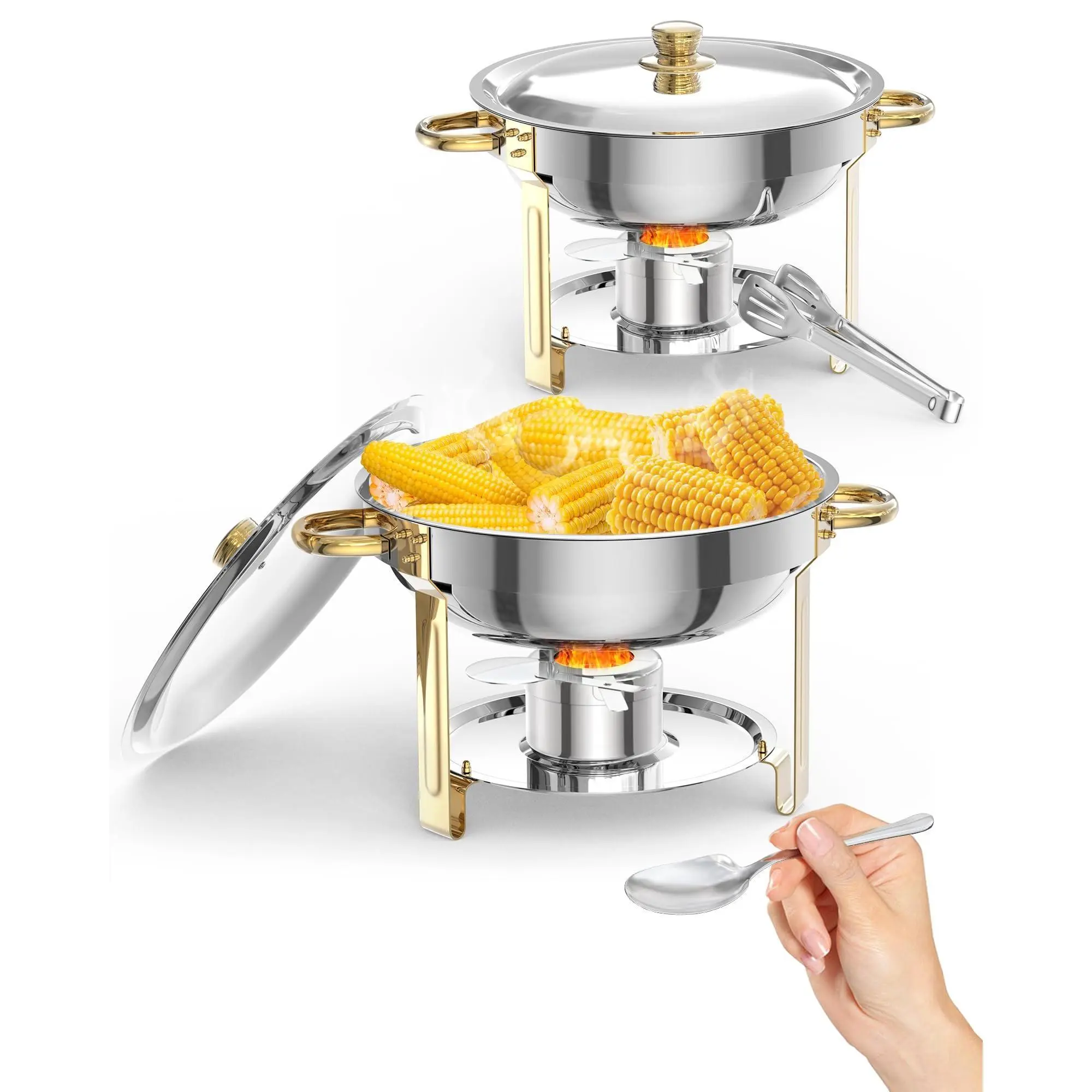GARVEE Elegant Gold 5QT Round Stainless Steel Chafing Dish Buffet Set – Complete Server & Warmer with Lid, Holder, Spoon & Tweezers for Catering, Parties, Weddings, Banquets – 2/4/6 Pack Options