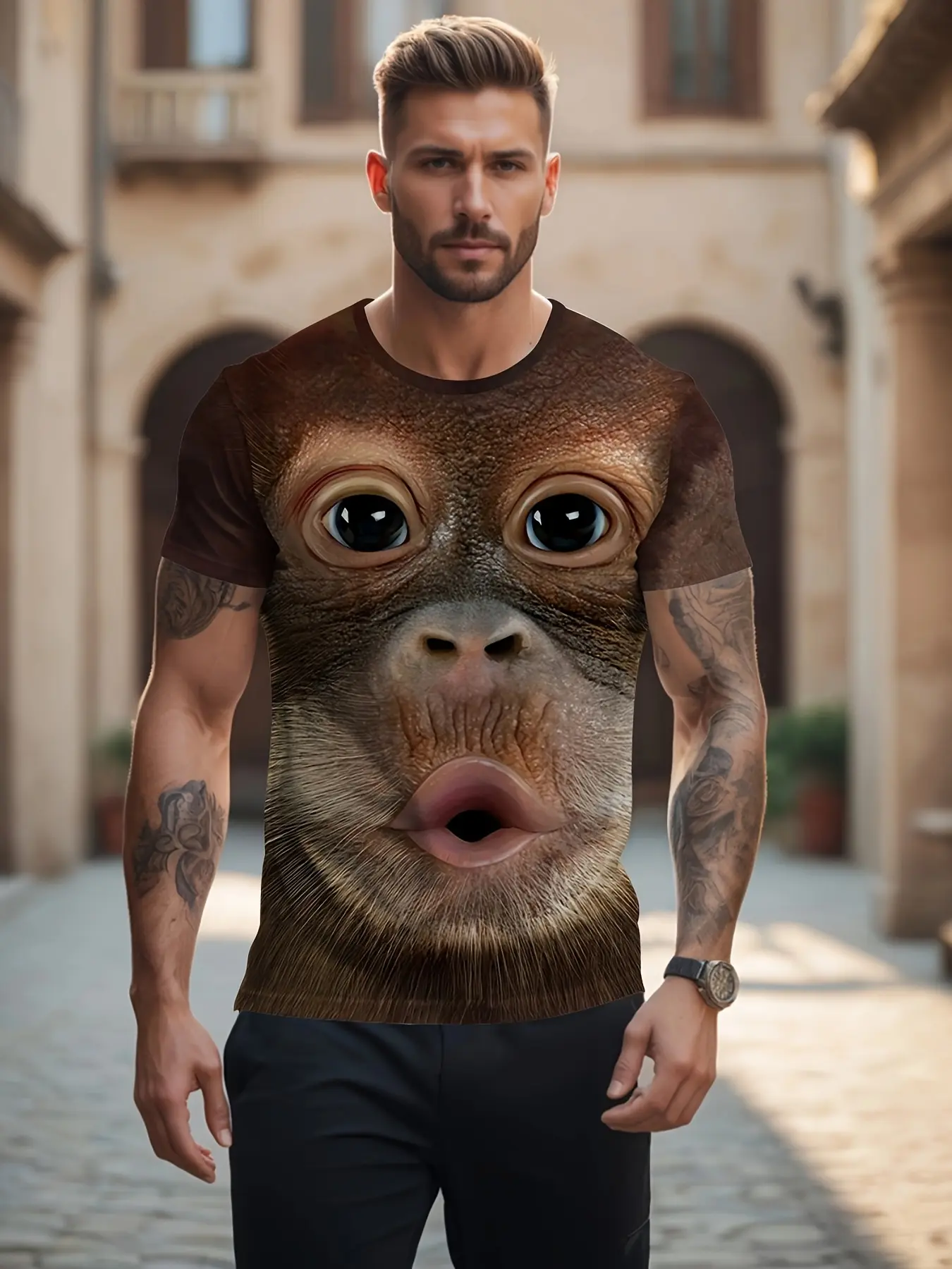 Plus Size Men'S 3D Gorilla Print T-Shirt - Funny Casual Short Sleeve Shirt, Realistic Animal Design, Soft Fabric, Round Neck, Suitable for Adult Summer Wear