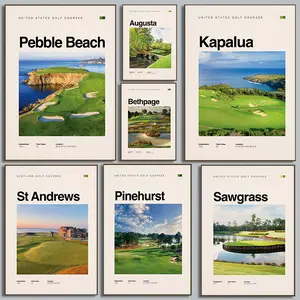 Set of Holiday Golf Course Artwork, Travel Posters, Vintage Minimalist Landscape, Sports Art for Living Room, Home Decor Artistic Ornaments