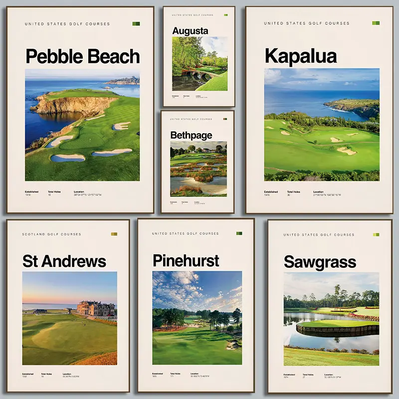 Vintage Retro Artistic Golf Course Holiday Prints Set -  -Friendly Lightweight   Posters, Home Supplies for Living Room, Dorm  ation