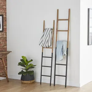 Set of 2 Brown Wood Slim Two-Toned 12 Rug Decorative Ladder with Black Metal Bases