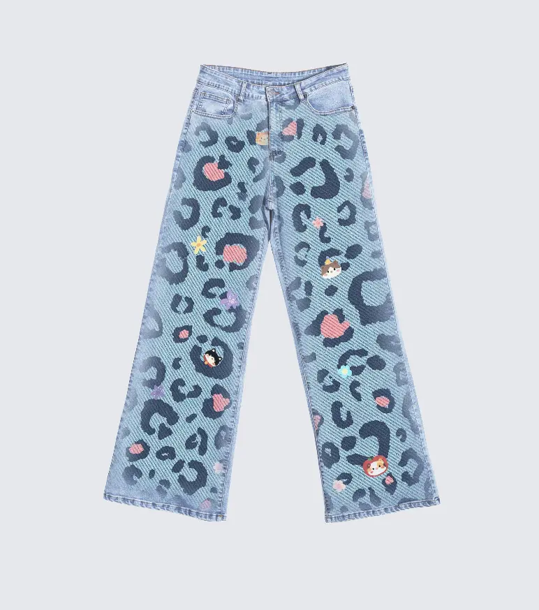 Cartoon Kitten Leopard Print DTG Print Wide Leg Jeans Cute Kawaii High Waist Baggy Denim Pants Y2K Pastel Street Trousers