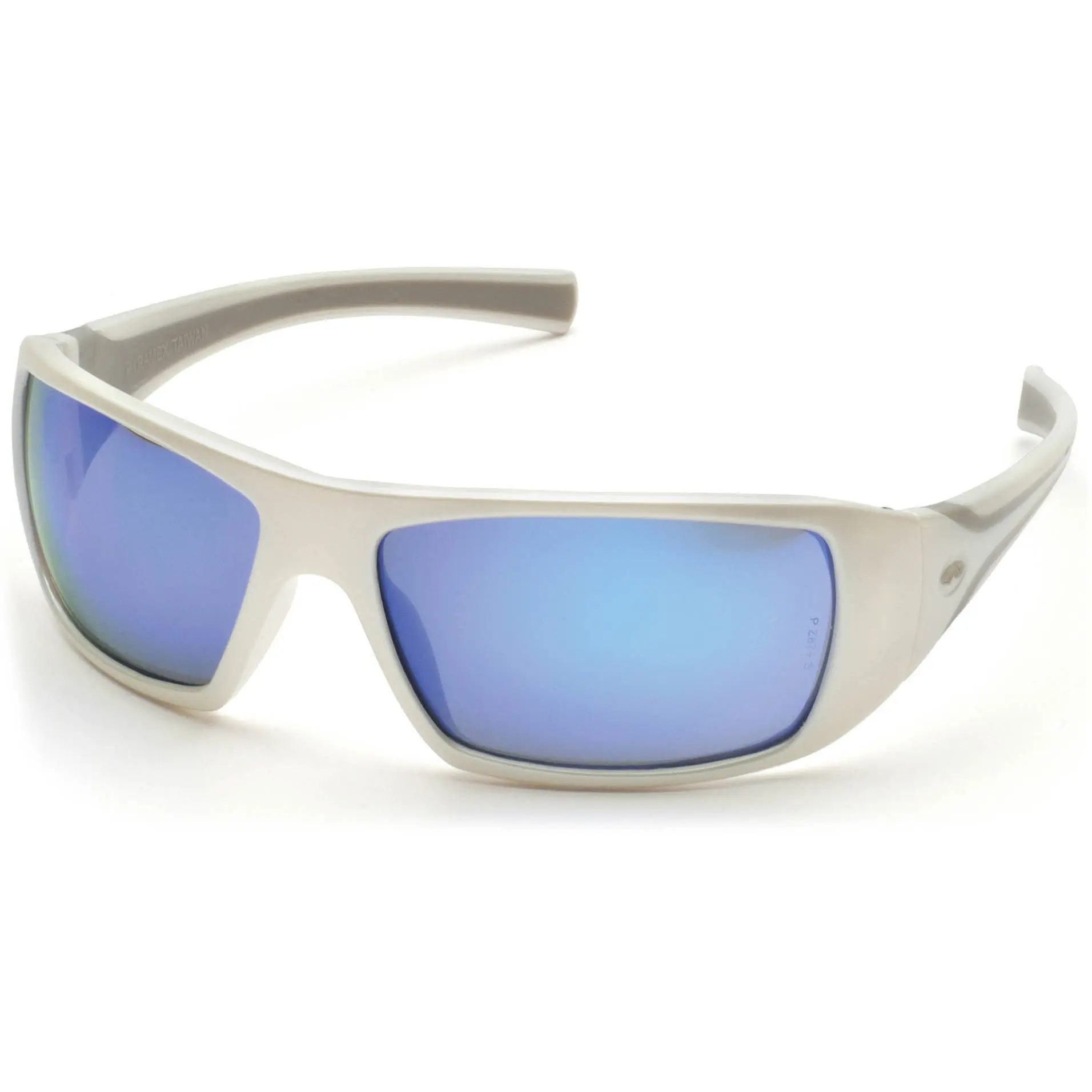 Pyramex Goliath Wraparound Safety Sunglasses with White Ergonomic Frame & Rubber Temples, Ice Blue Mirror Lenses, Glare-Reducing, Debris-Resistant, 99% UV Protection, ANSI Z87+, Lightweight, Optical Lens, Polycarbonate Lenses, Safety Glasses