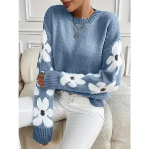 Women’s Floral Pattern Crewneck Sweater, Cute Drop-Shoulder Long-Sleeve Sweater for Autumn and Winter