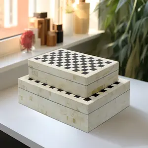 Sagebrook Home Set of 2 Storage Boxes Black and White Checkered Design Polyresin Decorative Keepsake Boxes for Storage, Gift Organiser