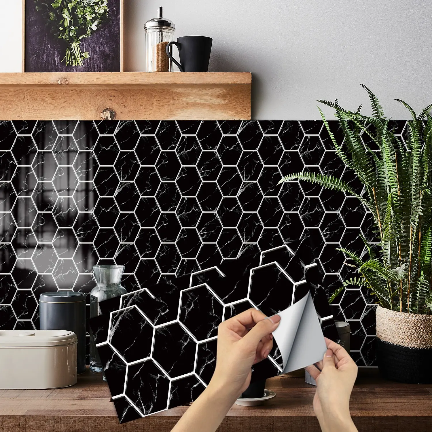 6/12/24/48 PCS FG PVC Crystal Tile Stickers Black Marble Hexagon Peel and Stick Backsplash Waterproof Oil-Proof for Kitchen Bathroom