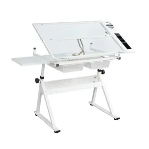 GAOMON Drafting Table w/Stool, Height Adjustable Drawing Table, Multifunctional Art Craft Paintings Work Station w/2 Storage Drawers Artists Desk Tilting Glass Tabletop for Home Office, White