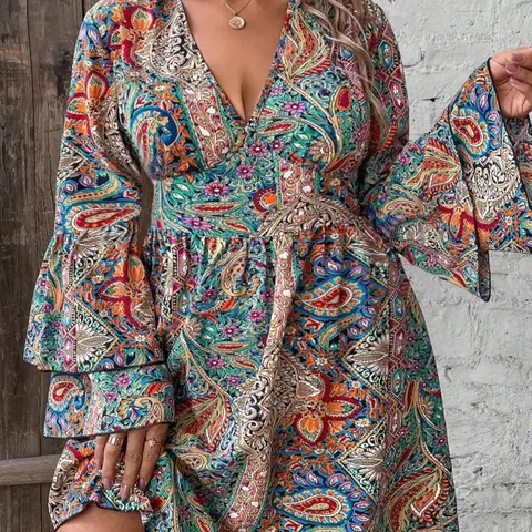 Plus Size All Over Paisley Print Flounce Sleeve Dress, Bohemian Deep V-Neck Long Sleeve A-Line Dress for Holidays and Wedding Guests, Women's Clothes for Fall & Winter, Dresses For Wedding